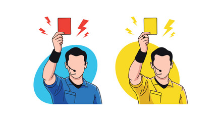 Sports referee in two different colored uniforms holds up a red card and a yellow card indicating penalties and fouls.