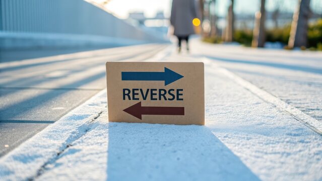 Cardboard sign with arrows indicating reverse direction outdoors