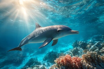 Fototapeta premium Dolphin Swims Near Coral Reef in Clear Water During Sunny Day in Ocean