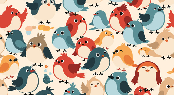 Vibrant pattern displays a massive collection of diverse colorful and round birds with different expressions and plumages. - Powered by Adobe