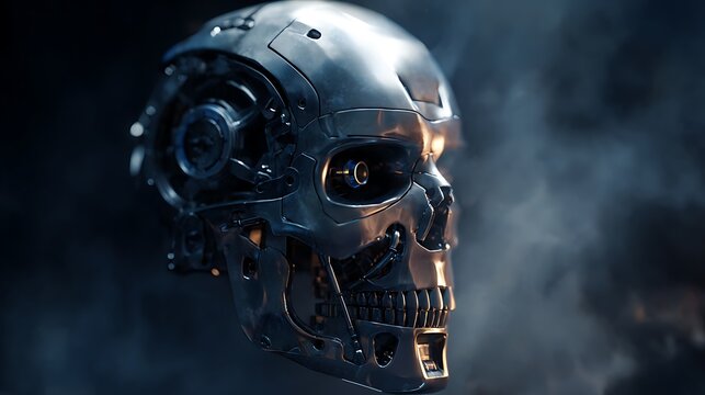 Metallic robot skull in dramatic lighting with a smokey background, evoking futurism