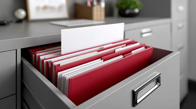 Close-up of a modern office drawer showcasing organized file folders with a single white document partially pulled out, featuring a minimalist design in light gray and red colors, ideal for profession
