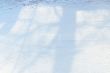 Snow-covered surface with soft shadows by trees.