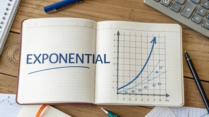 Notebook showing exponential graph on a wooden table