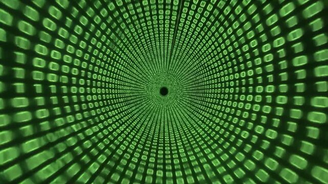 Abstract digital tunnel green binary code data stream animation