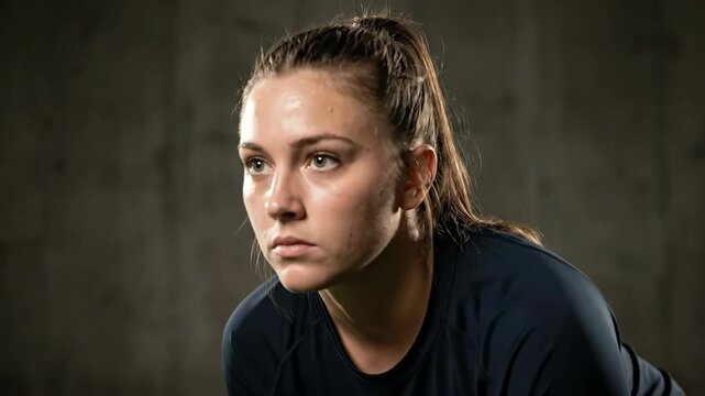 focused caucasian female softball player in defensive stance on green turf. athlete with glove ready to catch ball. sport competition. copy space.