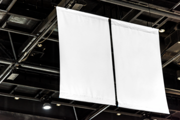 Ceiling fabric sign png mockup, transparent advertisement