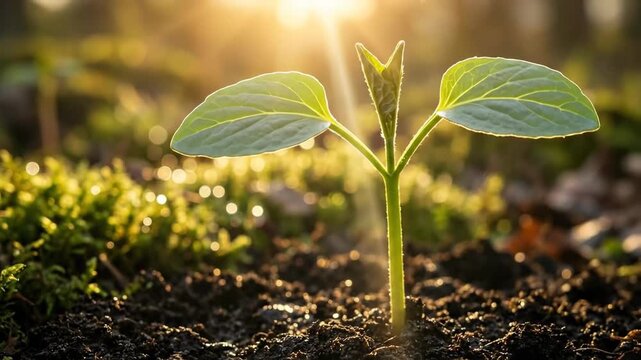 young green sprout growing from fertile soil under warm sunlight. concept of new life, ecology and development. spring nature background with copyspace.