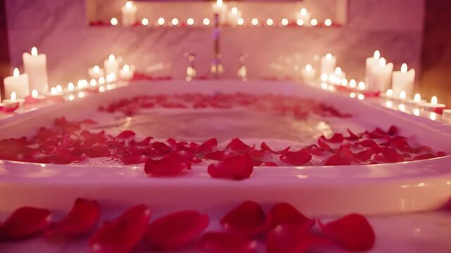 romantic bathroom setting with bathtub full of red rose petals and glowing candles. luxury spa treatment and relaxation concept. valentine's day celebration. 