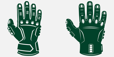 Futuristic robotic hands with glowing accents in a dark green hue against a light background from a straightforward viewpoint