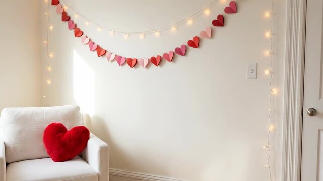 white armchair with red pillow in cozy room corner. paper heart garland and string lights on wall. st. valentine's day decoration. romantic interior. greeting card with copy space.