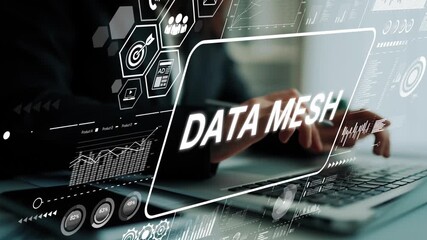 Conceptual representation of data mesh architecture in a digital workspace with graphs and analytics on a computer screen. Asymptotic smart data analytic. - Powered by Adobe