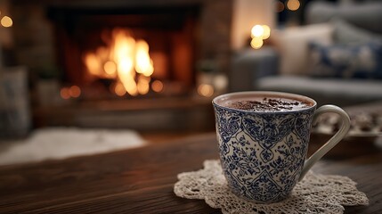 Cozy living room scene with fireplace, ornate mug of cocoa, and soft lighting