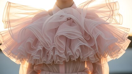 Abstract texture of sheer pink ruffled fabric blowing in wind sunlight