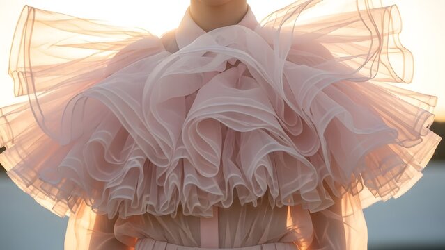 Abstract texture of sheer pink ruffled fabric blowing in wind sunlight