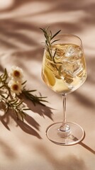 nonalcoholic spritz with ice in stem glass on taupe background