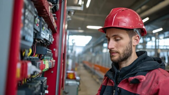 Medium shot of an engineer adjusting settings on a fire alarm control panel showcasing the integration process of multiple alarm types into a unified central system