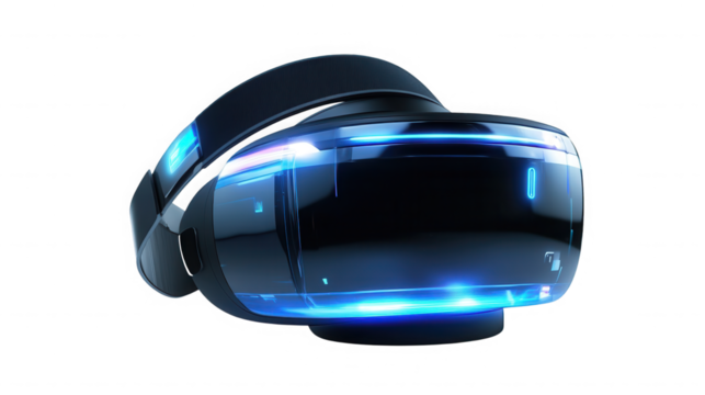 Futuristic vr headset with glowing blue accents on transparent background - Powered by Adobe