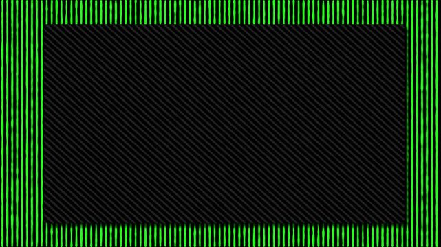 Abstract black rectangular frame with diagonal stripes on green vertical lines background