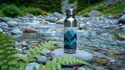 A reusable stainless steel water bottle featuring a geometric mountain design rests on a smooth rock beside a clear, flowing stream in a vibrant natural environment.