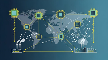 Global chips demonstrate movement impacting factories in conceptual trade illustration displaying interconnected supply chain.