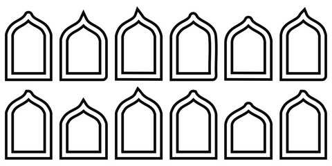 Set of islamic arch shapes with pointed tops and rectangular frames  various decorative elements