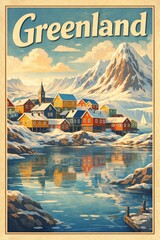 Vintage travel poster of Greenland featuring an Arctic landscape with icebergs, snowy mountains, and dramatic skies in a retro illustration style