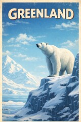 Vintage travel poster of Greenland featuring an Arctic landscape with icebergs, snowy mountains, and dramatic skies in a retro illustration style