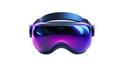 Futuristic vr headset with neon purple and blue lights on transparent background