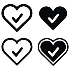 Four heart icons with check marks in different line styles and colors isolated on white background