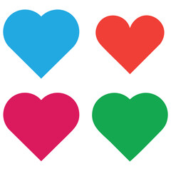Four colorful heart shapes in blue red pink and green on white background