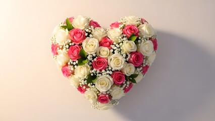 A heart shaped floral arrangement of pink and white roses on a plain background with soft shadows and lighting effects visible