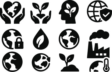 Earth icon set representing environmental conservation, sustainability, and global security