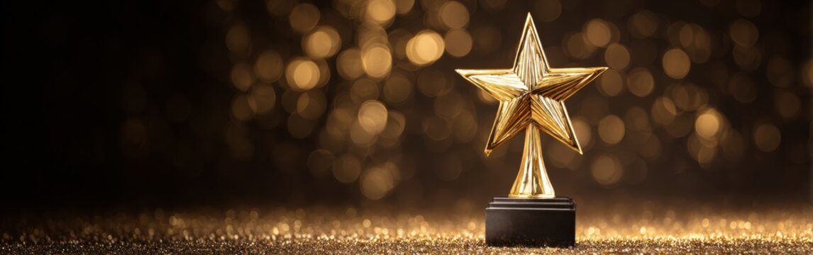 Golden Star Trophy on a Shiny Background With Blurred Lights Representing Achievement and Recognition in the Entertainment Industry Event