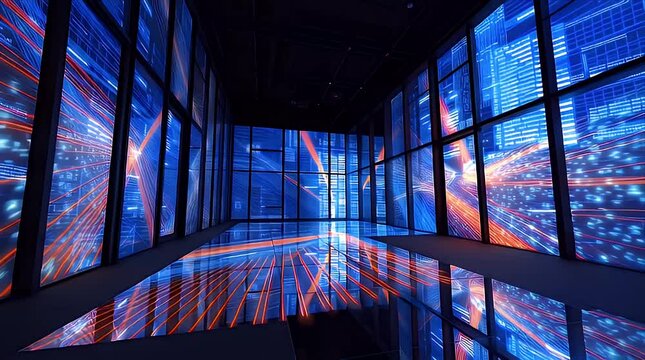青とオレンジの光の筋が映し出された窓と反射床の部屋で高速移動を表現するサイバー空間のシネマティック映像