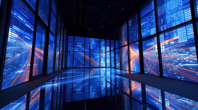 青とオレンジのデータストリームが未来的な高層ビル内部で高速に流れるシネマティック映像