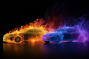 Two Cars Designed With Fire and Light Effects Show Creativity in a Digital Art Scene During a Nighttime Display