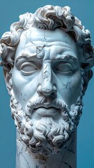 Detailed marble bust stoic man with beard against a blue background with visible signs of wear and cracking