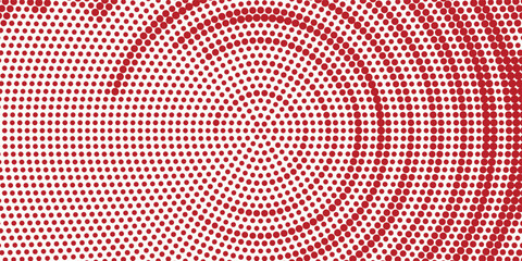 Red halftone concentric circle background. Rippled sonic wave ring wallpaper. Dotted radial gradient texture. Vector rasterized rough backdrop for epicenter, target, radar signal, vibration concept © Dul