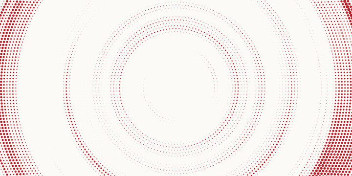 Red halftone concentric circle background. Rippled sonic wave ring wallpaper. Dotted radial gradient texture. Vector rasterized rough backdrop for epicenter, target, radar signal, vibration concept
