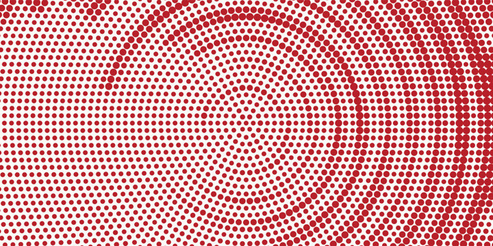 Red halftone concentric circle background. Rippled sonic wave ring wallpaper. Dotted radial gradient texture. Vector rasterized rough backdrop for epicenter, target, radar signal, vibration concept