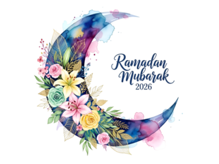 Ramadan Mubarak 2026 Watercolor Floral Crescent Moon Isolated on Transparent Background
