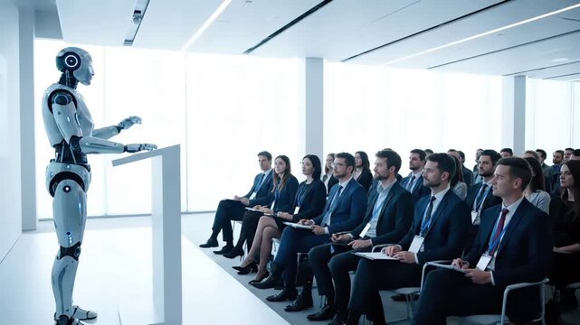 A humanoid robot presents to a group of formally dressed business professionals seated in a modern conference room with a sleek and futuristic atmosphere.