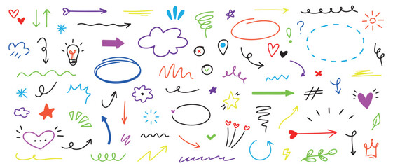 Cute hand drawn colorful design elements. Doodle set with sketch lines, marks and decorations. Good for planners, notebooks, stickers, kids projects and creative designs.