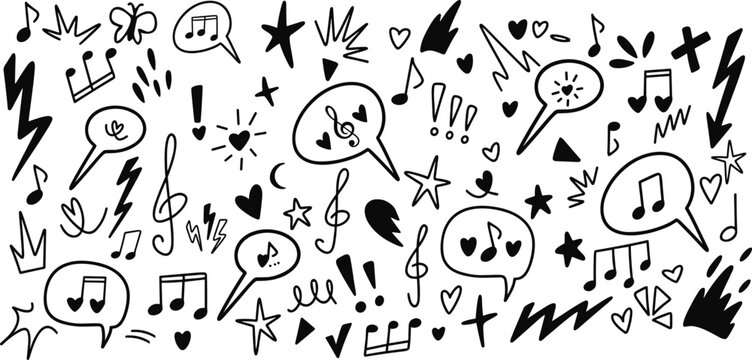 Emotive doodles and musical notes in a playful chaotic arrangement