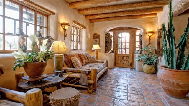 A southwestern-style living room features wood furniture, terracotta floors, warm lighting, and a large cactus