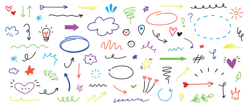 Cute hand drawn colorful design elements. Doodle set with sketch lines, marks and decorations. Good for planners, notebooks, stickers, kids projects and creative designs.