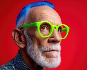 Fototapeta premium Stylish Senior Man with Vibrant Blue Hair and Neon Green Glasses