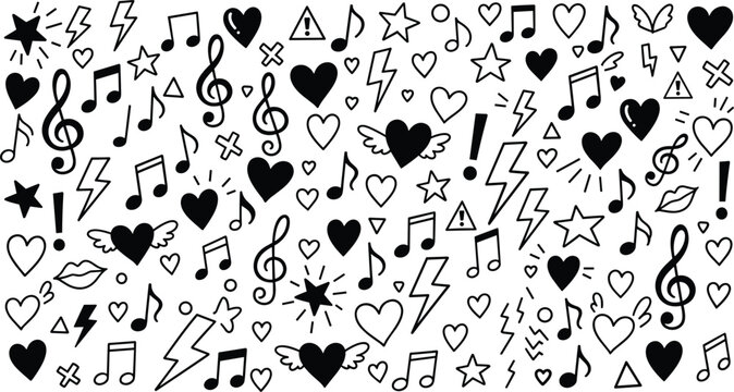 Black and white illustration of music notes and hearts on white background