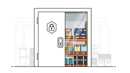 Secured storage door conceals freight pallets inside warehouse reflecting supply chain challenges indicating logistical issues inventory disruption.